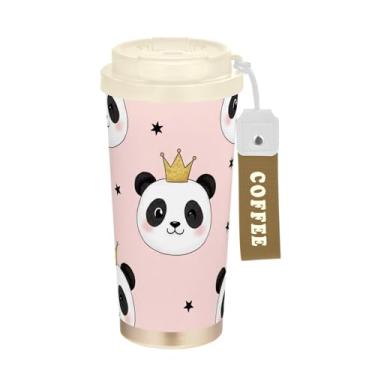 Imagem de TSENQUE Copo de café de 473 ml com canudo e tampa de filp, copo de café de viagem de aço inoxidável à prova de vazamento para escritório, escola, festa, acampamento, fofo, panda rosa