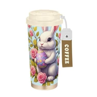 Imagem de TSENQUE Copo de café de viagem 473 ml com revestimento cerâmico, copo de café de aço inoxidável com canudo e tampa de enchimento, copo isolado a vácuo, coelho branco fofo ovo de Páscoa