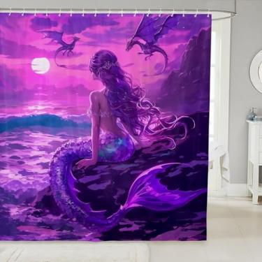 Imagem de Cortinas de chuveiro de princesa sereia, dragão ocidental, animais selvagens, para meninas e mulheres, cortinas impermeáveis roxas da vida marinha do mundo submarino, 12 ganchos, 183 cm L x 183 cm C