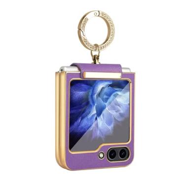 Imagem de Capa de celular com suporte de anel em couro liso para Samsung Galaxy Z Flip 7 6 5 com película protetora de vidro (Para Galaxy Z Flip 6/Roxo)