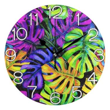 Imagem de GAIGEO Relógio de parede analógico decorativo escritório cozinha relógio divertido alimentado por bateria, arte de parede moderna legal decoração de casa folhas de monstera vibrantes, 25 cm, ponteiros