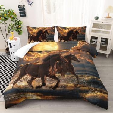 Imagem de AILONEN Conjunto de edredom de cavalo 3D para decoração de quarto, solteiro, cavalos selvagens, animais selvagens, pôr do sol, 3 peças, 1 colcha + 2 fronhas, macio e respirável