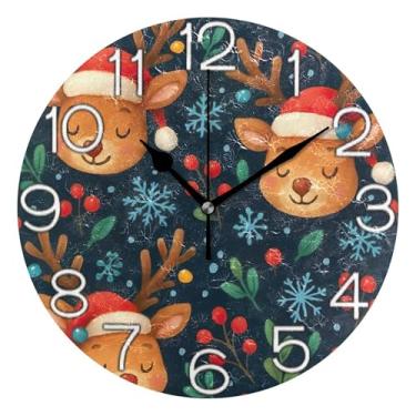 Imagem de GAIGEO Linda rena relógio de parede azul escuro analógico decorativo relógio de cozinha bonito operado por bateria, decoração de parede moderna para sala de estar, 25 cm, ponteiros dourados