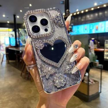 Imagem de HJZSZX Capa espelhada com glitter e coração para maquiagem, capa transparente de silicone macio com borboleta para iPhone 16 Plus (para iPhone 16 Plus/prata)