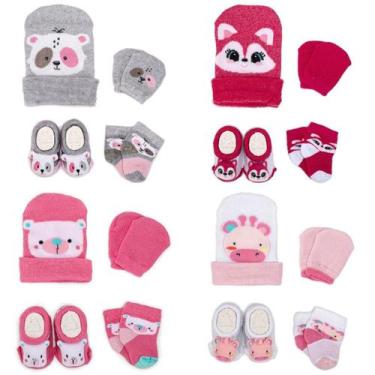 Imagem de Kit 4 Conjuntos Bebê Menina Recém-Nascido Touca Luva Meia e Pantufa Ma