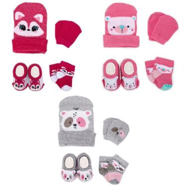 Imagem de Kit 3 Touquinhas Meias Luvas e Pantufas Bebê Recém-Nascido Menina Enxo
