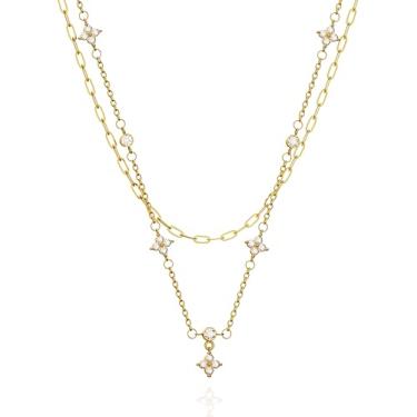 Imagem de Colar de camadas delicadas banhado a ouro 14K para mulheres, colar de trevo para mulheres, corrente de clipe de papel, colar NK, Large, Aço de titânio, Sem Pedra Preciosa