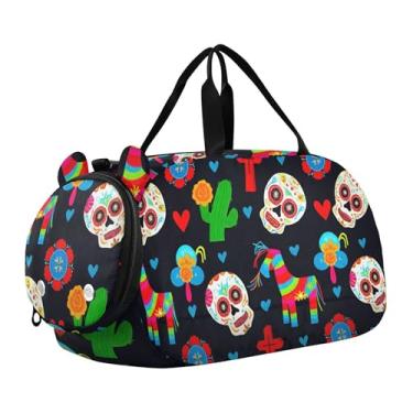Imagem de Bolsa esportiva para meninos, flores brancas, pássaros, azul, fim de semana, bolsa de viagem para meninas, bolsa esportiva, Caveiras coloridas pretas, Clássico