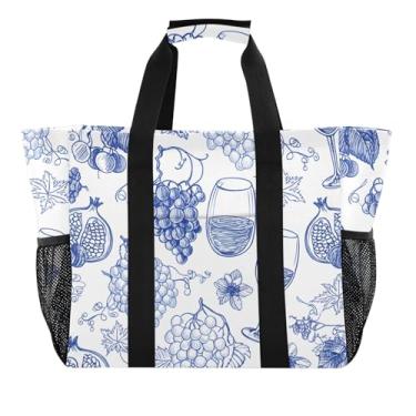 Imagem de Sacolas utilitárias femininas com estampas de praia para compras, cozinha, reutilizável, sacola de pano de supermercado, uvas, vinho, frutas, azul, grande, bolsa para mãe