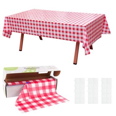 Imagem de KAshack Rolo de toalha de mesa de plástico, capa de mesa com caixa de corte deslizante conveniente - toalhas de mesa descartáveis xadrez vermelhas para churrasco, festa, aniversário, casamento, ao ar