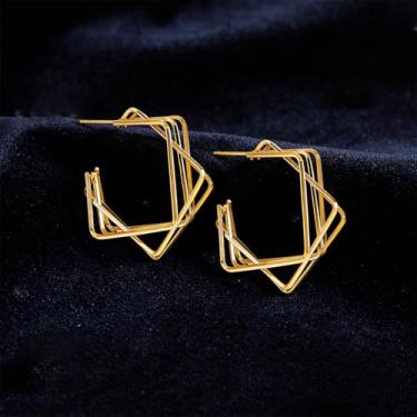 Imagem de Brincos femininos vintage de metal, design quadrado, mostrando seu charme feminino único, adequado para o dia a dia e qualquer ocasião.