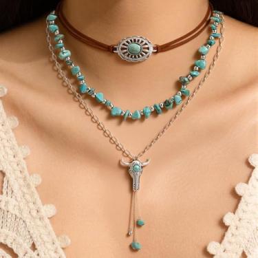 Imagem de Colar com pingente de imitação de turquesa, colar em camadas empilhadas, colar de pedra de cristal colorido para mulheres, Large, Metal metal Imitação de turquesa, imitação de cristal