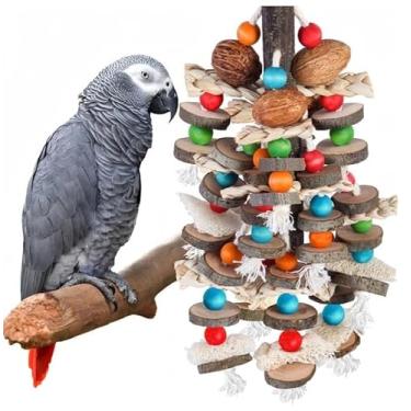 Imagem de EatingBiting Brinquedo grande para mastigar papagaios de 40 cm, gaiola de pássaro de madeira, nozes naturais, brinquedo de papagaio de milho para araras cinzentas, cacatuas e outros pássaros grandes
