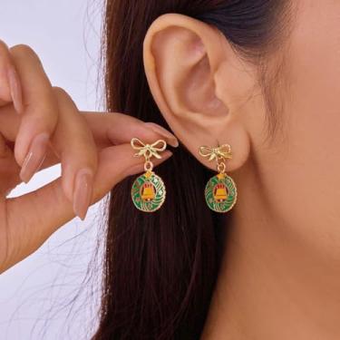 Imagem de Brinco de guirlanda de Natal com pingente de enfeite fofo para mulheres, banhado a ouro, nó de sino, estrela pendurada, joias modernas, presentes festivos de Natal, Small, Liga de aço, Sem pedra