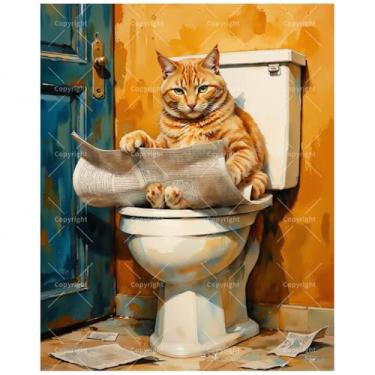 Imagem de TAOPAOLAB Kit de pintura de gato laranja por números para adultos - DIY gato com jornal no banheiro, pintura em tela, 40,6 x 50 cm, conjunto de tinta acrílica emoldurada para iniciantes, arte para