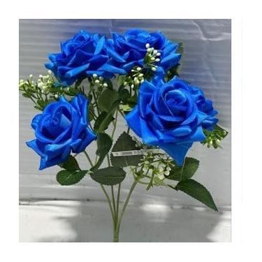 Imagem de Rosa Artificial com 5 flores (De ponta)(Azul,Kit com 3 Unidades)