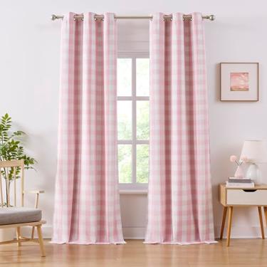 Imagem de Amzdecor Cortinas blecaute xadrez xadrez xadrez GEO isolamento térmico com ilhós, 2 camadas, tratamento de janela para quarto de meninas, sala de estar, 2 painéis, 101,6 x 228,6 cm, rosa e branco
