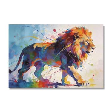 Imagem de NHLDZYH Pintura de leão colorida, impressão de arte abstrata vibrante, decoração de parede de animais selvagens e enérgicos, tela contemporânea moderna para quarto, academia, quarto de crianças. A24