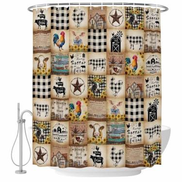 Imagem de Cortina de chuveiro vintage rústica xadrez para casa de fazenda, animais de fazenda, estrelas de celeiro, tecido impermeável, conjunto de cortinas de chuveiro para banheiro, decoração de casa, lavável