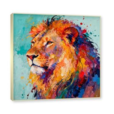 Imagem de NHLDZYH Moldura dourada. Pintura salpicada de leão pintura em tela abstrata arte animal mural vívido chama a atenção para sala de estar decoração moderna para casa. A19. 70 x 70 cm.