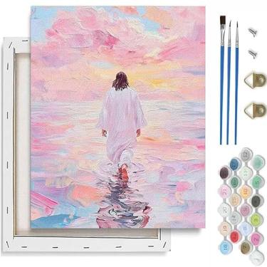 Imagem de VIGEGU Kit de pintura de praia por números para adultos iniciantes com moldura, Jesus Easy Adult Paint by Number Kits em tela, pintura faça você mesmo para iniciantes, arte por números, para decoração