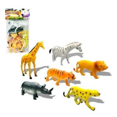 Imagem de Kit 6 Animais Selva Plástico Colorido Miniaturas Grandes 13 A18cm Brinquedo Infantil Educativo Brincar Decorar