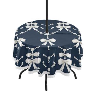 Imagem de Wassud Toalha de mesa redonda para uso ao ar livre com orifício para guarda-chuva, laços brancos e pérolas, toalhas de mesa de 152 cm para aniversário, casa de fazenda, cozinha