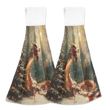 Imagem de Blueangle 2 peças de toalhas de gravata penduradas de dragão de Natal toalha de mão de cozinha absorvente de veludo coral macio pano de prato para cozinha e banheiro (559)