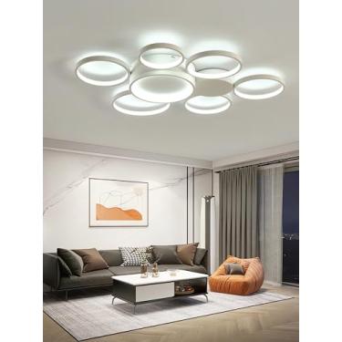 Imagem de Luminária de teto LED moderna embutida com controle remoto, dimerizável, design branco com 7 anéis, ideal para sala de estar e hall de entrada (Branca)