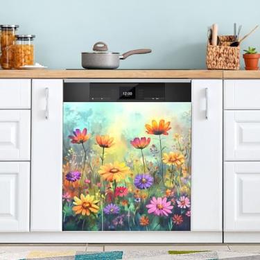 Imagem de SEHANY Capa magnética colorida de campo silvestre para lava-louças, adesivos magnéticos decorativos antiarranhões para painel de geladeira e lava-louças, decoração de flores de fazenda de cozinha