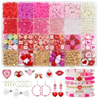 Imagem de Baoximong Kit de miçangas de Dia dos Namorados para fazer pulseiras, coração de amor, rosa, vermelho, cristal, pérola, ouro com berloques de beijo, colar faça você mesmo, joias artesanais para