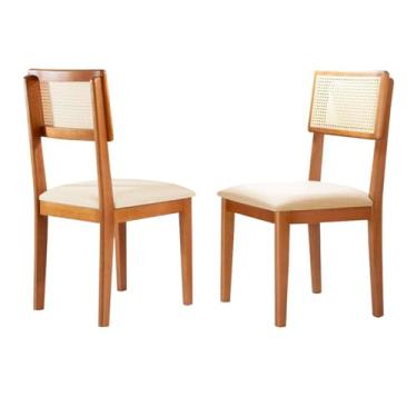 Imagem de Kit 2 Cadeiras de Jantar Estofada de Madeira com Encosto em Rattan - Holanda (Linho Bege)