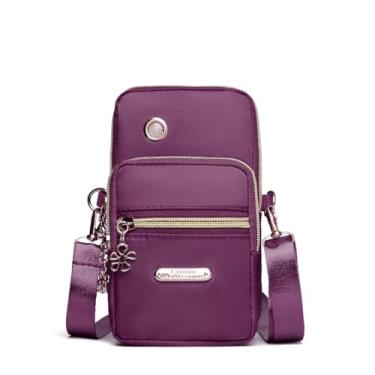 Imagem de Bolsa transversal pequena para mulheres, bolsa de telefone leve de nylon com alça ajustável, 3 bolsos com zíper para viagens, compras, uso diário, Roxa, Bolsa transversal pequena para mulheres
