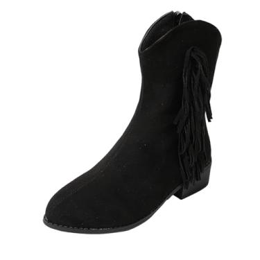 Imagem de Botas femininas casuais de cano médio com borla e zíper lateral salto grosso para estilo de inverno e uso ao ar livre, Preto, 36