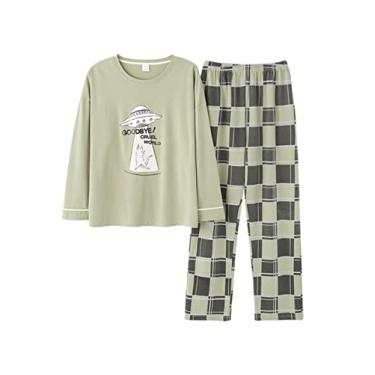 Imagem de HHHJQFAAT Pijama feminino plus size, conjunto de pijama de outono, versão solta, gola redonda, pulôver (verde grande)