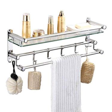 Imagem de Organizador de chuveiro Suporte de aço inoxidável de vidro montado na parede, prateleiras de vidro de 1 camada e 5 barras de toalheiro com ganchos, prata (tamanho: 50 cm)