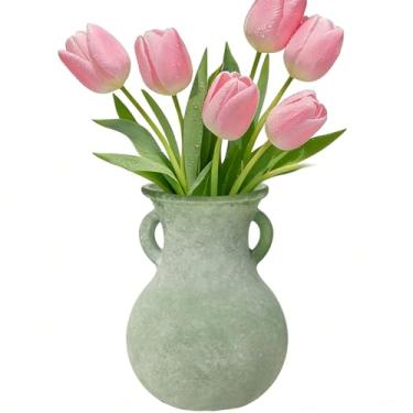 Imagem de Vaso de vidro verde com alças, vaso de flores estilo rústico de cerâmica de 19 cm, pote redondo decorativo vintage para flores secas, peça central de estética terrestre para casa de fazenda moderna e