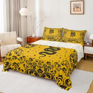 Imagem de Erosebridal Jogo de lençol Queen com cobra gótica, preto, amarelo, animal gótico, damasco, animal, para crianças, meninos e meninas, 4 peças