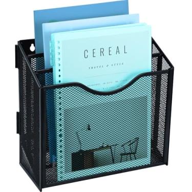 Imagem de TSDRBWO Organizador de mesa de malha com 3 seções verticais, suporte de arquivo montado na parede A4 e suporte de armazenamento de revistas, organizador de pastas de arquivos de mesa de metal para