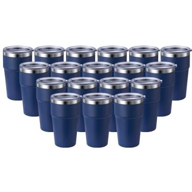 Imagem de MEWAY Caneca de viagem isolada a vácuo de parede dupla de 473 ml, copos de aço inoxidável com tampa, copos de café revestidos em pó para bebidas frias e quentes (azul-marinho, pacote com 18)