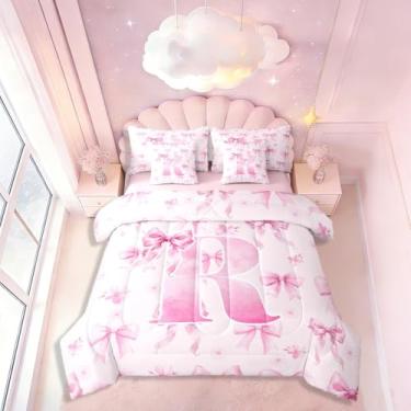 Imagem de Conjunto de cama casal com laço com letra R, com laço floral kawaii, rosa e sonhadora, inclui edredom, conjunto de lençóis, fronhas e fronhas, decoração de quarto com laço rosa