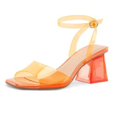Imagem de mysoft Sandálias femininas de salto grosso, salto baixo, bico aberto, zebra, transparente, strass, salto bloco, tira no tornozelo, Laranja, 35