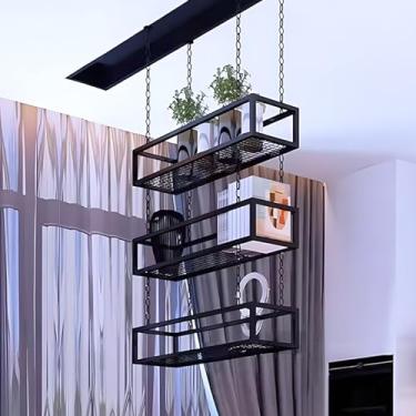 Imagem de Prateleira de plantas montada no teto, decoração de parede com corrente de metal, suporte de garrafa de vinho industrial e suporte de vaso de flores, estantes de livros de exibição (60 x 25 x 15 cm)