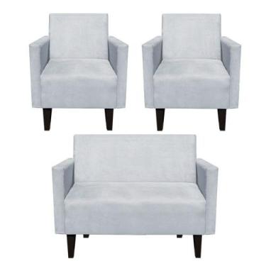 Imagem de Kit Sofá Retrô Namoradeira e 02 Poltronas Compactas Jade Suede Cinza -