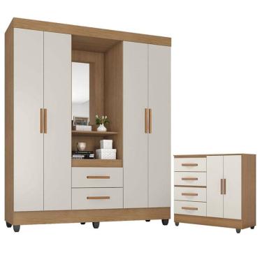 Imagem de Guarda Roupa Casal Capela e Cômoda 4 Gavetas 2 Portas Lite Nature Off White - Móveis Leão