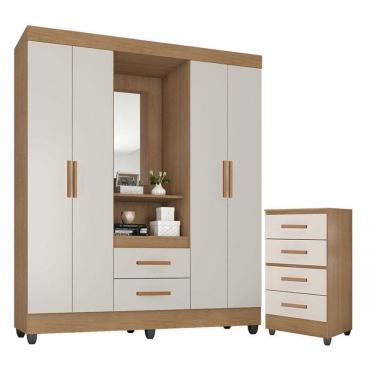 Imagem de Guarda Roupa Casal Capela e Cômoda 4 Gavetas Lite Nature Off White - Móveis Leão