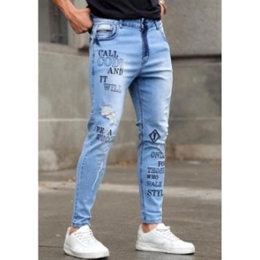 Imagem de Calça Jeans Skinny Destroyed Rasgada Bordado Detalhe Premium-Masculino
