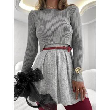 Imagem de Saia Curta De Tricot Plissada Moda Rodada Colegial Inverno - Envelope 
