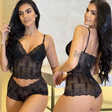 Imagem de Kit 3 Conjuntos Lingerie Sem Bojo Cropped Renda Calcinha Caleçon - Lik