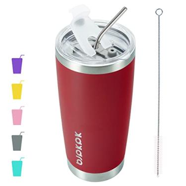Imagem de BJPKPK Copo isolado de 590 ml com tampa e canudo caneca de café de aço inoxidável, copos de copos, vermelho